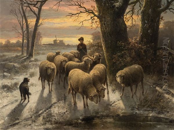 Shepherd With Flock Oil Painting by Alexis de Leeuw