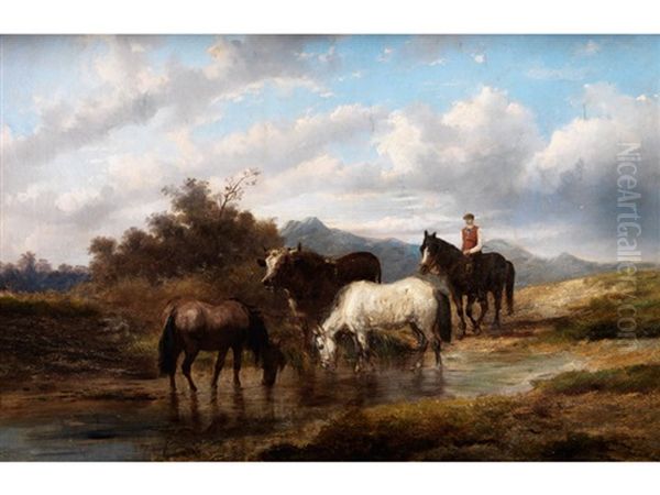 Trinkende Pferde Und Rind Sowie Reiter Und Pferd Oil Painting by Alexis de Leeuw