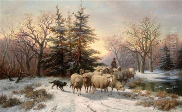 A Shepherd Herding Sheep Through A Winter Landscape Oil Painting by Alexis de Leeuw