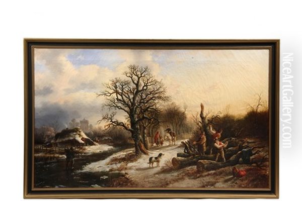 Woodcutters At Frozen River Oil Painting by Alexis de Leeuw