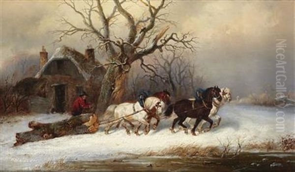 Timber Wagon In The Snow Oil Painting by Alexis de Leeuw