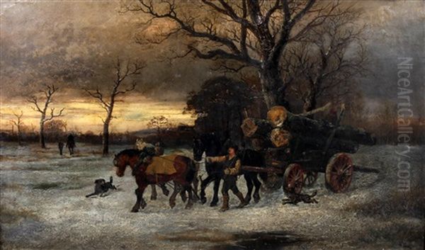 Timber Wagon In The Snow Oil Painting by Alexis de Leeuw