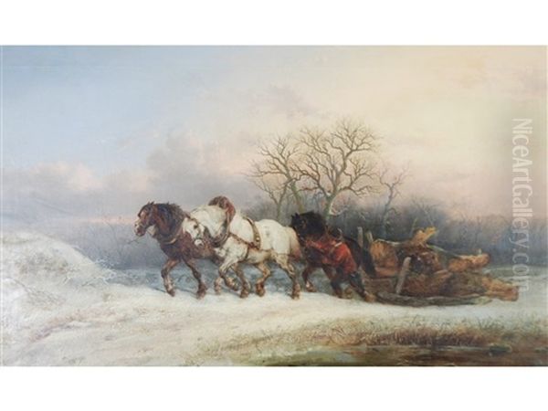 Winter Landscape With A Woodcutter Oil Painting by Alexis de Leeuw