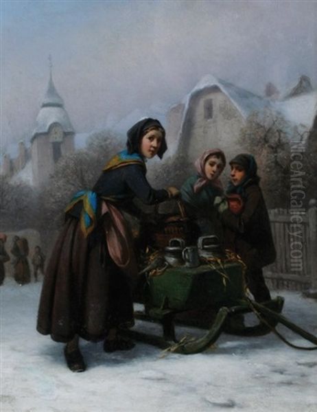 Figures In The Snow Oil Painting by Alexis de Leeuw