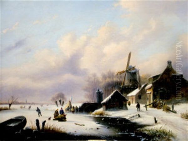 Skaters On A Frozen River In A Wintry Village Landscape Oil Painting by Alexis de Leeuw