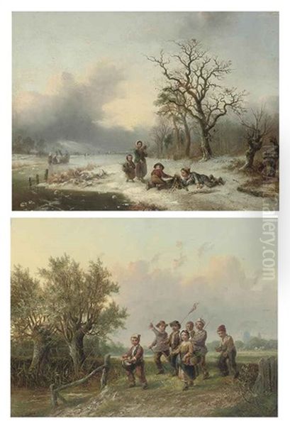 Lighting A Fire On The Riverbank (+ Off To Battle; Pair) Oil Painting by Alexis de Leeuw