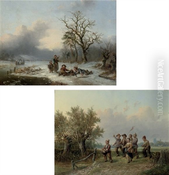 Children Lighting A Fire On A Frozen River Bank (+ Musical Rascals; Pair) Oil Painting by Alexis de Leeuw