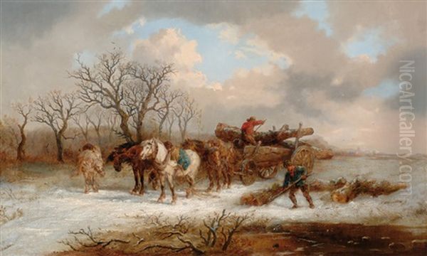 Winter Landscape With Horse And Carriage Oil Painting by Alexis de Leeuw