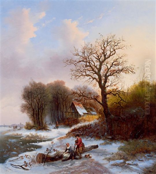 Winterlandschaft Mit Figurlicher Staffage Oil Painting by Alexis de Leeuw