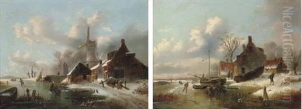 Figures Skating By A Windmill (+ Skaters By A Farmstead On A Dutch Waterway; Pair) Oil Painting by Alexis de Leeuw