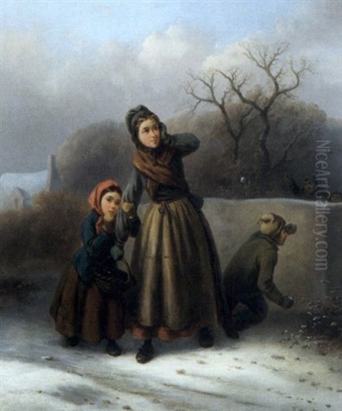 Snowball Fight (+ Going To School; 2 Works) Oil Painting by Alexis de Leeuw