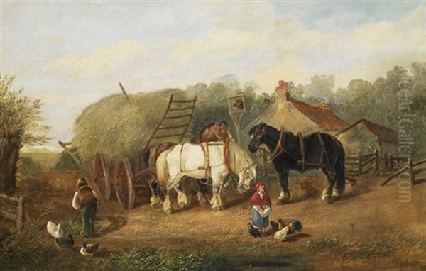 Hofidyll Mit Kindern Und Pferden Oil Painting by Alexis de Leeuw