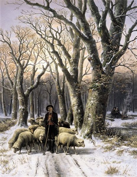 Herder Met Kudde In Besneeuwde Dreef Oil Painting by Alexis de Leeuw