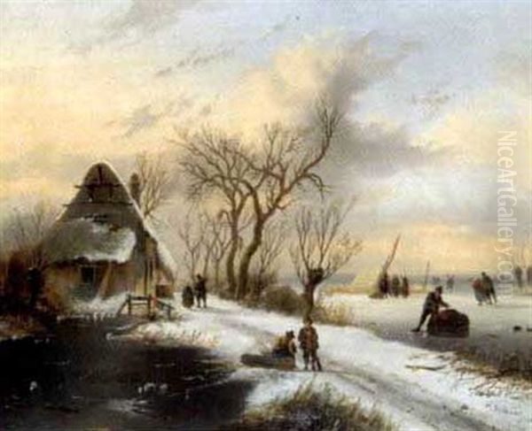 Winterlandschaft Mit Eislaufern Oil Painting by Alexis de Leeuw