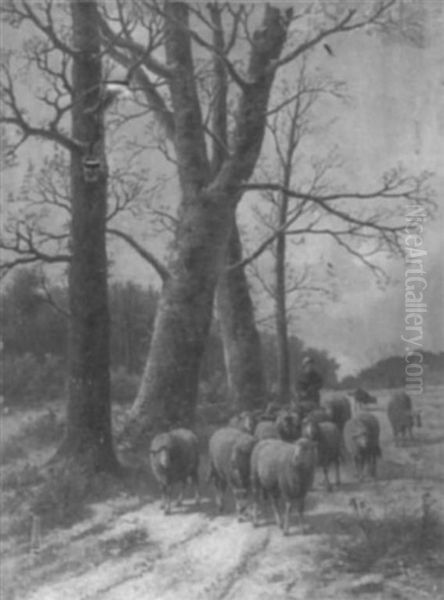 Shepherdess With Flock On A Winter Path Oil Painting by Alexis de Leeuw