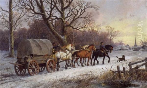 Winterlandschap Met Huifkar Oil Painting by Alexis de Leeuw