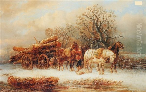 Snow Scene With Log Cart Oil Painting by Alexis de Leeuw