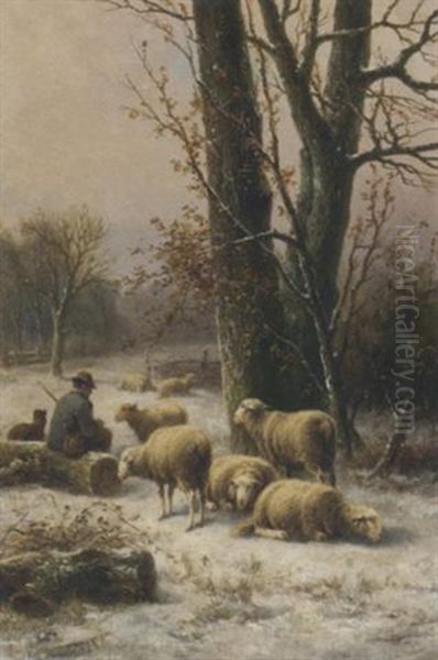 A Shepherd And His Flock In A Snowy Field Oil Painting by Alexis de Leeuw