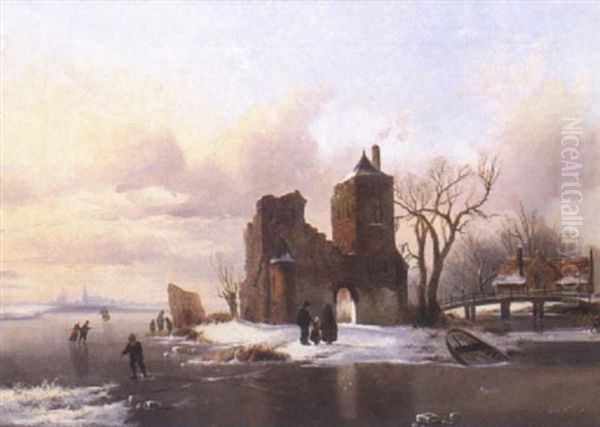 Skating On A Frozen Pond Oil Painting by Alexis de Leeuw