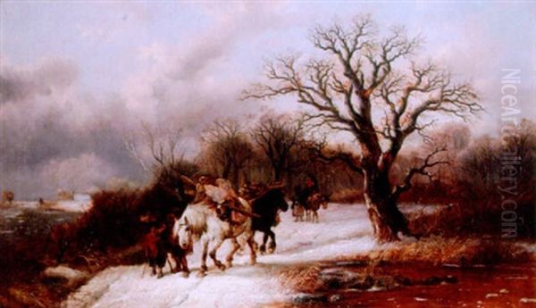 Travellers In A Winter Landscape Oil Painting by Alexis de Leeuw