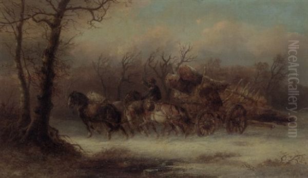 A Forester Driving A Team Of Horses Through The Snow-covered Woods Oil Painting by Alexis de Leeuw