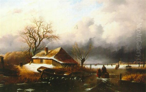 Figures In A Winter Landscape Oil Painting by Alexis de Leeuw