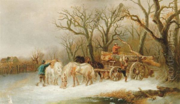 Vinterlandskap Med Man Och Hastar Vid Vagn Med Timmer Oil Painting by Alexis de Leeuw