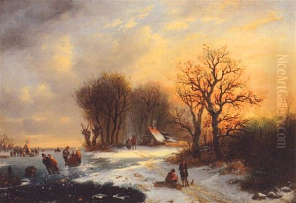 Figures In A Winter Landscape Oil Painting by Alexis de Leeuw