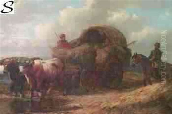 Hay For The Troops (landscape With Oxen, Wagon And Figures) Oil Painting by Alexis de Leeuw