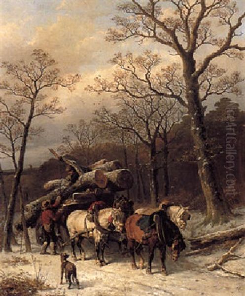 Woodgatherers Loading Logs In A Snowy Forest Oil Painting by Alexis de Leeuw