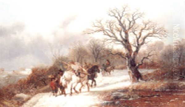 Returning Home With Firewood In A Winter Landscape Oil Painting by Alexis de Leeuw