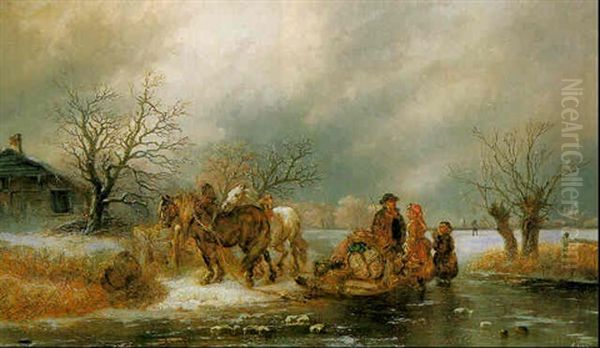 Figures With Horses And A Sled On A Frozen River Oil Painting by Alexis de Leeuw