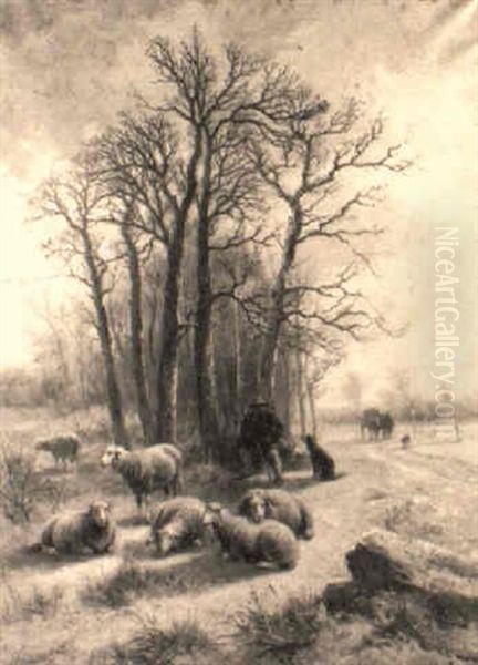 Shepherd In A Winter Landscape Oil Painting by Alexis de Leeuw