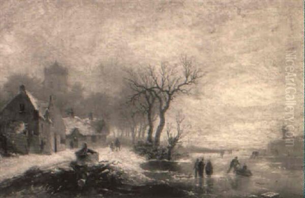 Figures On A Lake In A Frozen Winter Landscape Oil Painting by Alexis de Leeuw