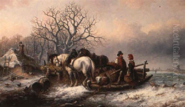 Encounter By A Frozen Pond Oil Painting by Alexis de Leeuw