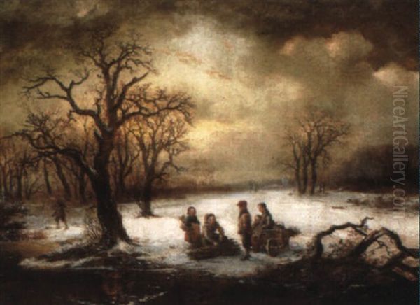 Children On A Frozen Lake Oil Painting by Alexis de Leeuw