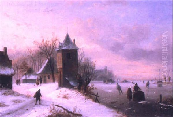 Skaters On A Frozen Lake Oil Painting by Alexis de Leeuw