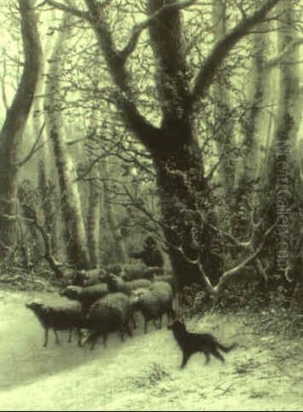 Shepherd With Sheep And A Dog On A Winter Track Oil Painting by Alexis de Leeuw