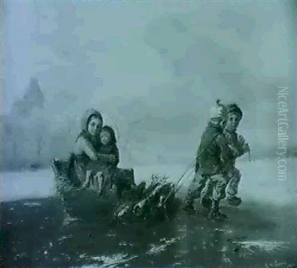 The Young Faggot Gatherers Returning Home Across A Frozen   Lake Oil Painting by Alexis de Leeuw