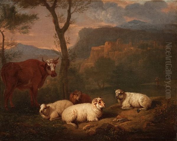 Cow And Sheep Resting In A Landscape Oil Painting by Govaert (Gabriel van der) Leeuw