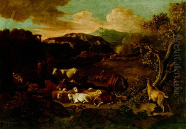 Shepderds With Their Herd Near A Fountain In An Italianate Landscape Oil Painting by Govaert (Gabriel van der) Leeuw