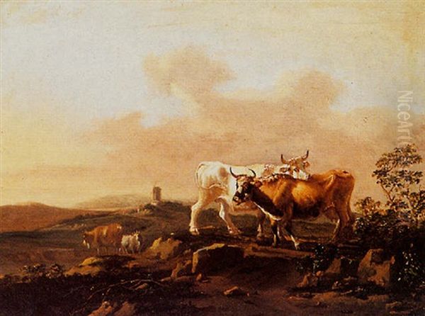 Cows Grazing In A Landscape Oil Painting by Govaert (Gabriel van der) Leeuw