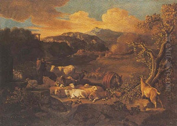 Shepherds With Their Herd Near A Fountain In An Italianate Landscape Oil Painting by Govaert (Gabriel van der) Leeuw