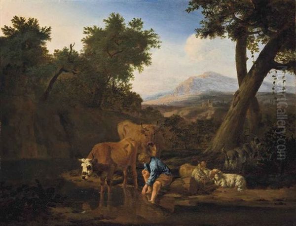 A Wooded River Landscape With Cattle Watering And A Shepherd Resting, Mountains Beyond Oil Painting by Pieter Van Der Leeuw