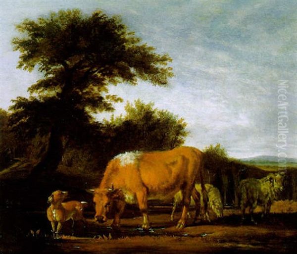 Eine Kuh Und Zwei Schafe Mit Einem Hirtenhund Auf Der Weide Oil Painting by Pieter Van Der Leeuw