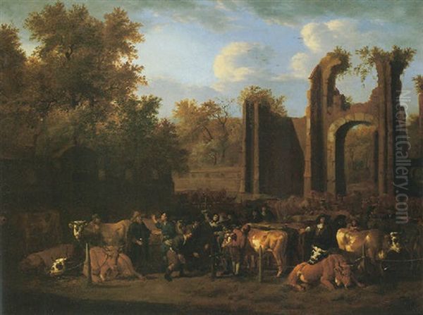 A Cattle Market Oil Painting by Pieter Van Der Leeuw