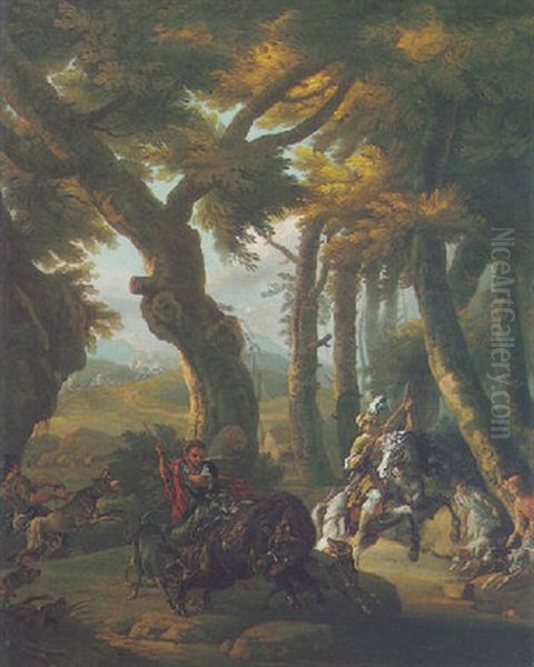 A Wild Boar Hunt Oil Painting by Pieter Van Der Leeuw