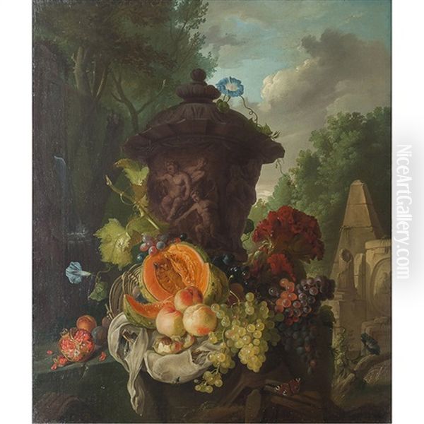 Still Life With Urn And Classical Ruins Oil Painting by Gerrit Johan Van Leeuwen