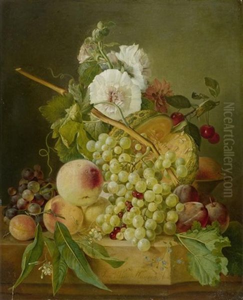 Stillleben Mit Fruchten Und Blumen Auf Eine Steinplinthe Oil Painting by Gerrit Johan Van Leeuwen