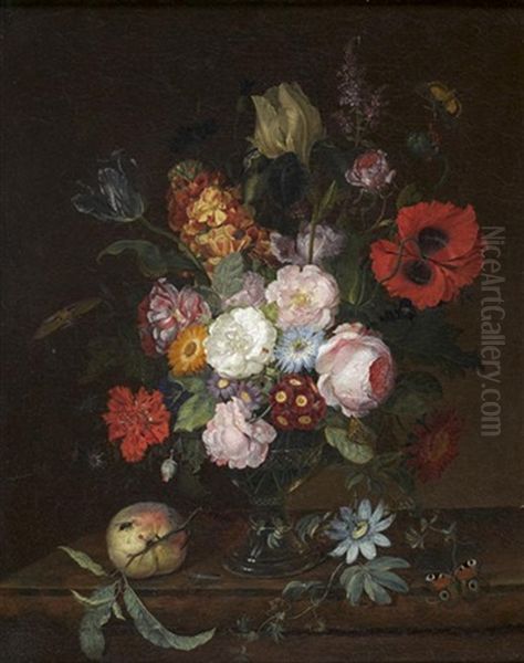 Nature Morte Au Vase De Fleurs Animee De Papillons Sur Un Entablement Oil Painting by Gerrit Johan Van Leeuwen